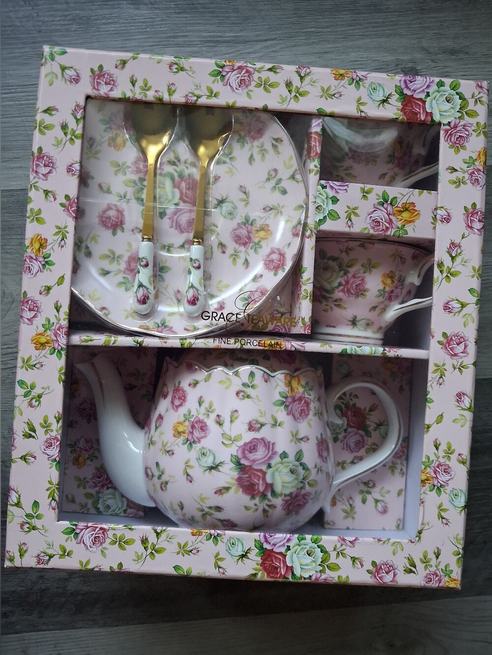 Floral Porcelain Tea Set with Gold Spoons - Pink Rose Pattern